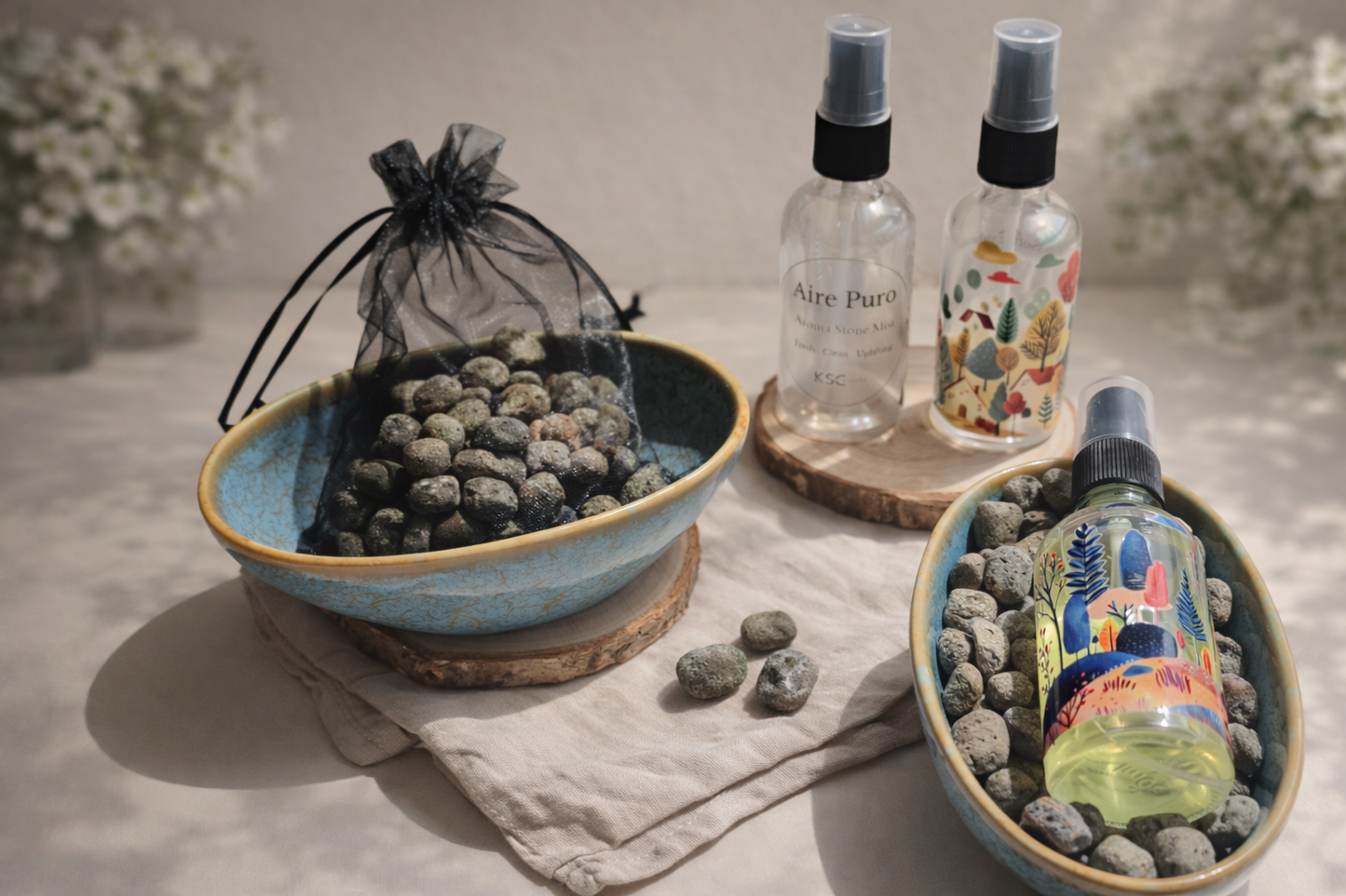 Aroma Stone Mist Set – Ceramic Bowl, Volcanic Stones & Fragrance Mist