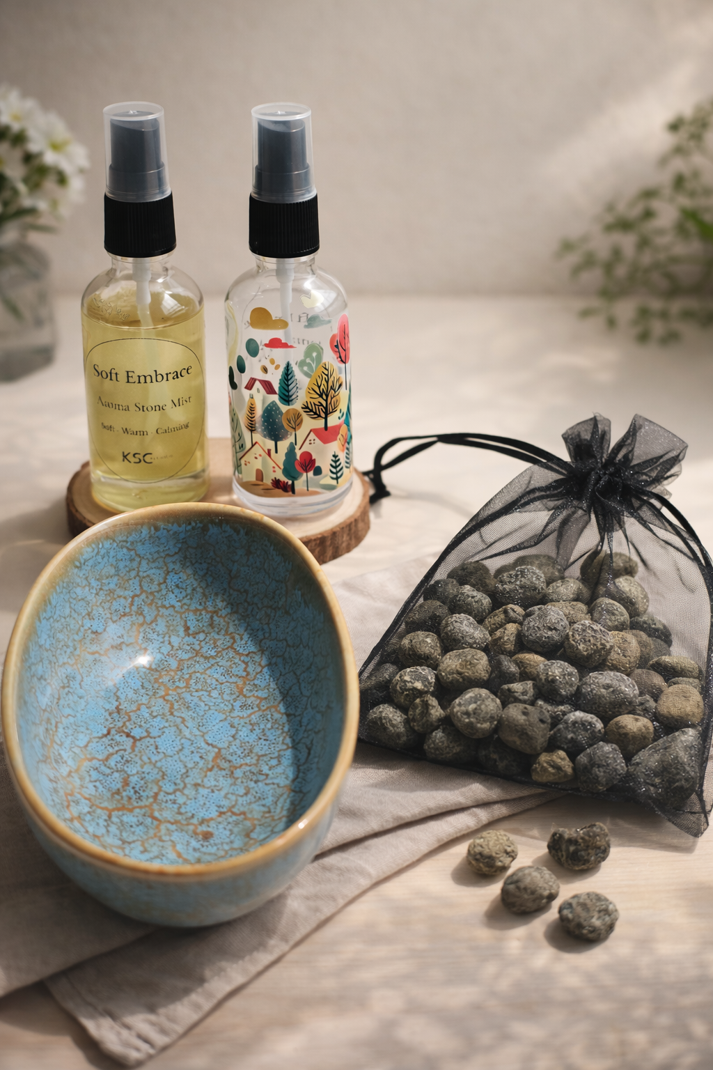Aroma Stone Mist Set – Ceramic Bowl, Volcanic Stones & Fragrance Mist