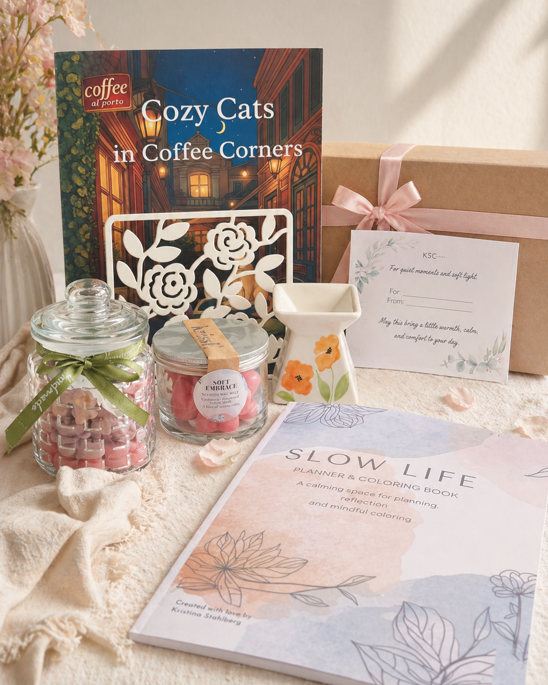 Cozy Cats Gift Set – Coloring Book, Wax Burner, Soft Embrace Wax Melts & Scented Charm Jar